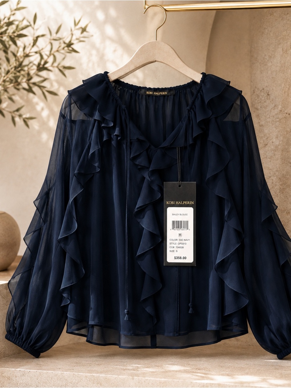 Kobi Halperin Navy Ruffle V-Neck Blouse - Picture 7 of 7